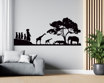 Vinilo decorativo de pared de la sabana africana con animales de safari, arte mural africano SG 1195