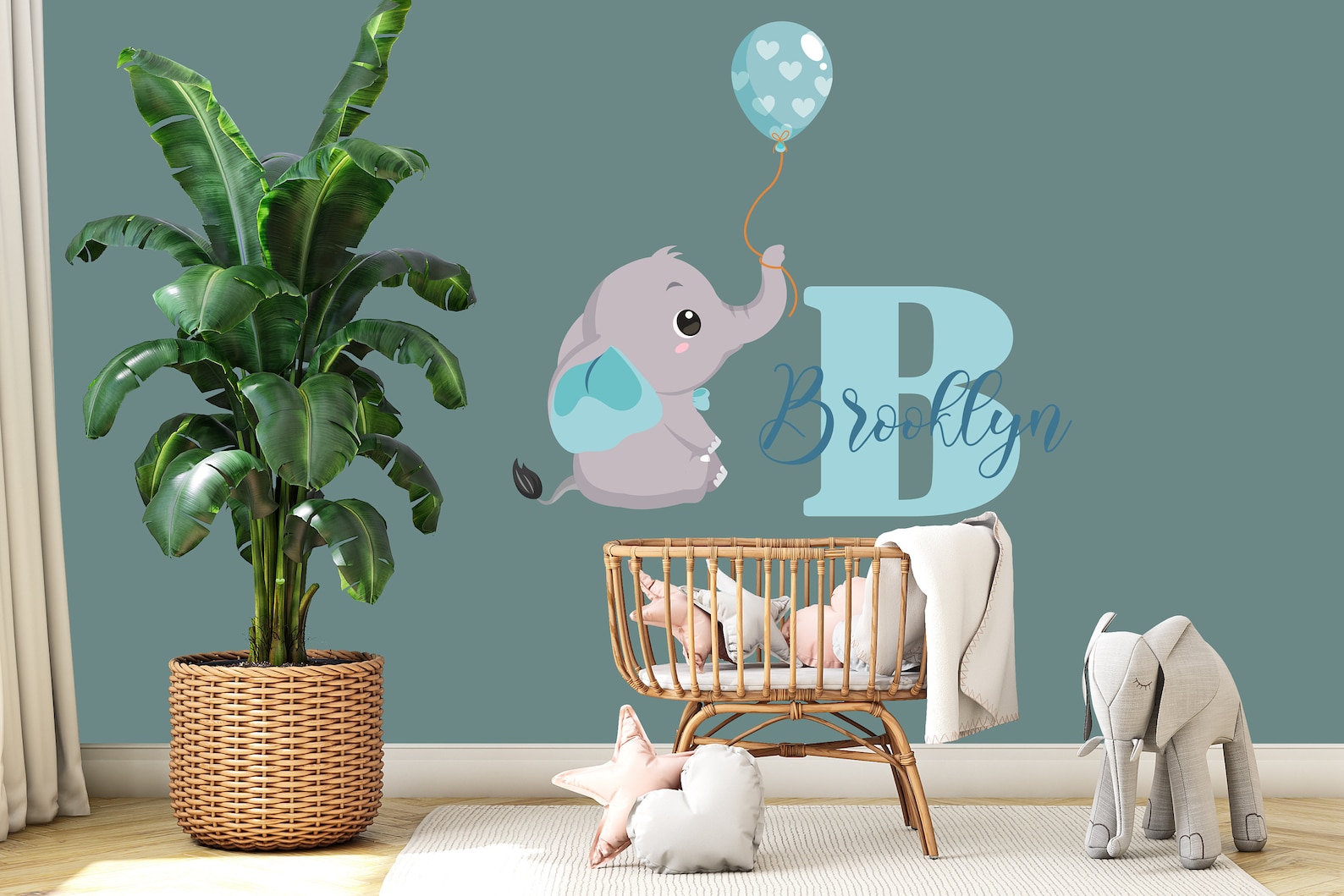 Personalized Name Wall Decal Boy Elephant Initial Fancy Cursive Name ...