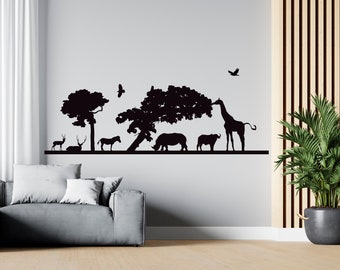 Vinilo decorativo de pared de la sabana africana con animales de safari, arte mural africano SG 1191