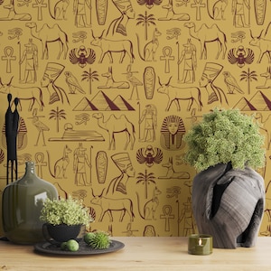 Egypt Ancient Wallpaper Egypt Wall art Fabric Wallpaper Seamless Mid Century Ancient Wall Decor Egypt Fabric Self Adhesive Wallpaper 1729EZ