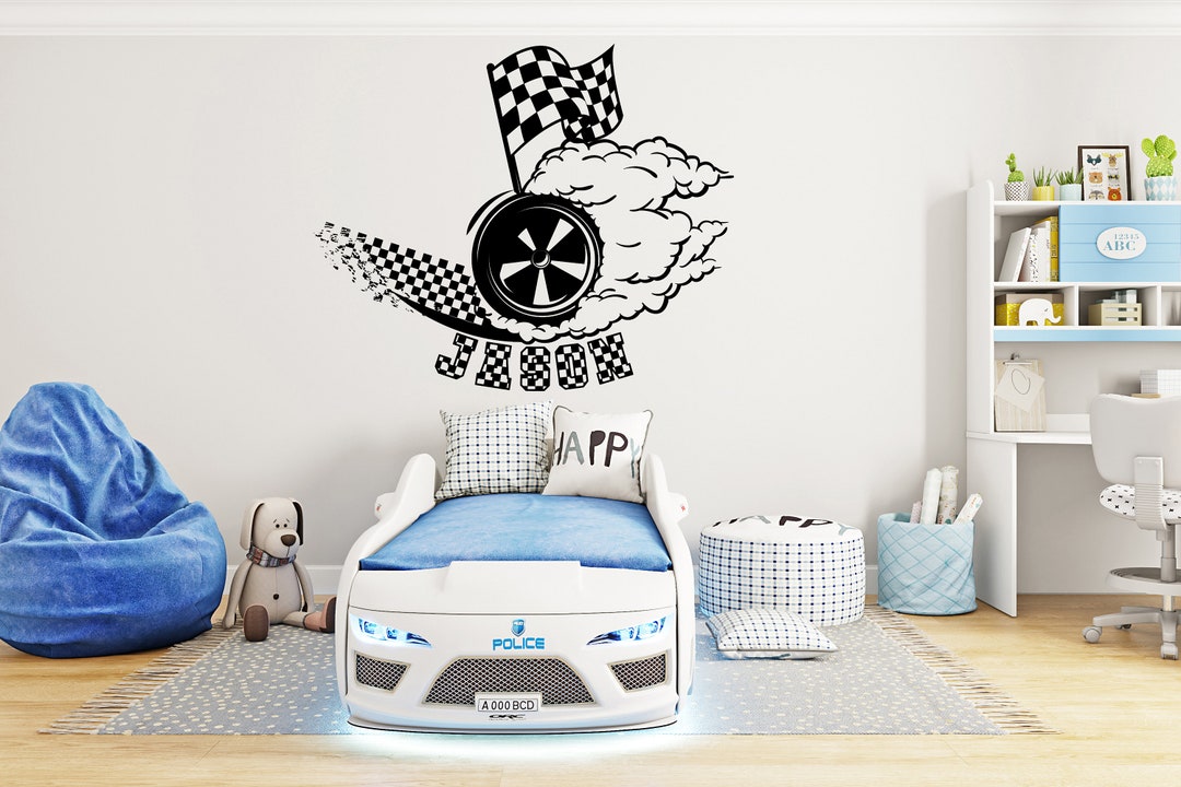 Large Custom Name Racing Car Tire Checkered Flags Wall Decal Wheel F1 ...