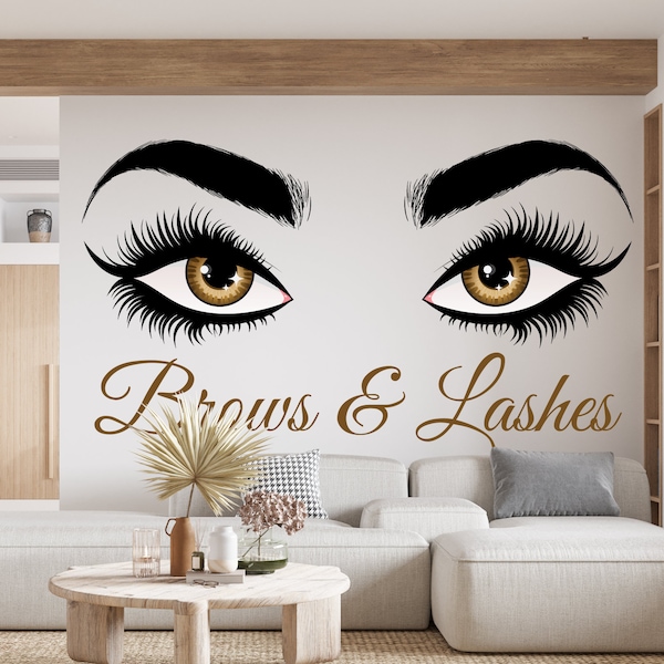 Eyelashes Wall Decal Brows wall Decor Custom Logo Beauty Salon Stickers Brown Eyes Eyelashes wall art Business Logo Custom Decal 1530EZ