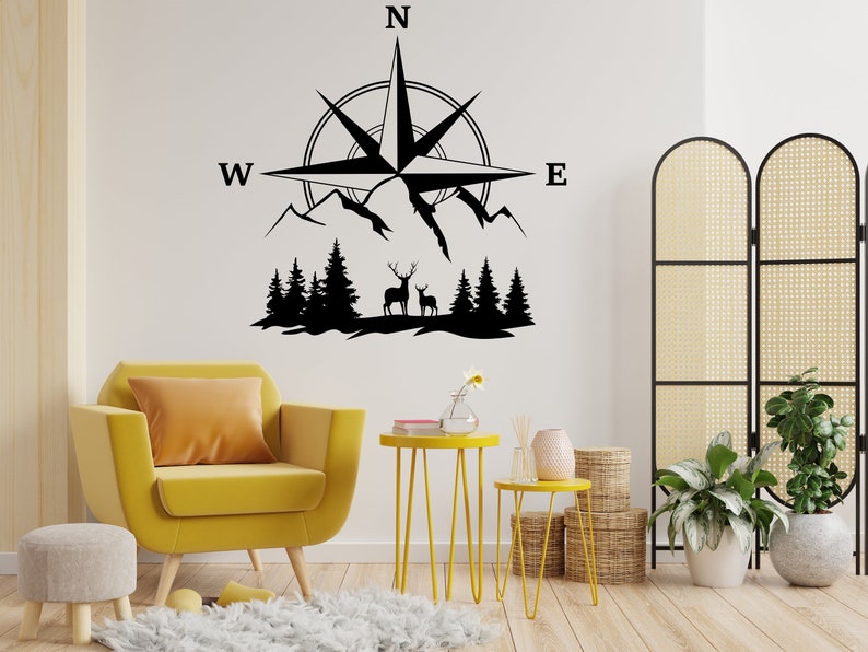 Compus With Deer Compass Mountain Deer Wall Art Decal, Compass Nautical Travel Wall ...