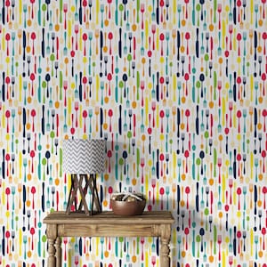 Kitchen Wallpaper Spoon art Fabric Fork Wallpaper Restaurant Mid Century Bar Wall Decor Fabric Removable Self Adhesive Wallpaper 1384EZ