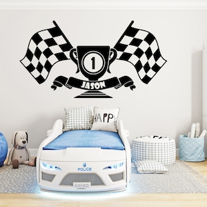 Racing Car wall decal Tire Personalized Gifts Checkered Flags Wall Decal Wheel Decal Holiday Racing Flag Vinyl Wall Sticker-Boy Room 1230EZ