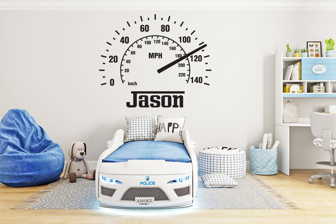 Custom Name Speedometer Racing Car Checkered Flags Wall Decal Wheel F1 ...