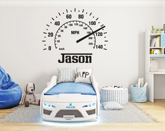 Custom Name Speedometer Racing Car Checkered Flags Wall Decal Wheel F1 Decal Personalized Racing Car Flag Vinyl Wall Sticker-Boy Room 1074EZ