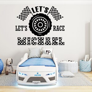 Large Custom Name Racing Car Tire Checkered Flags Wall Decal Wheel F1 Decal Personalized Racing Car Flag Vinyl Wall Sticker-Boy Room 410EZ