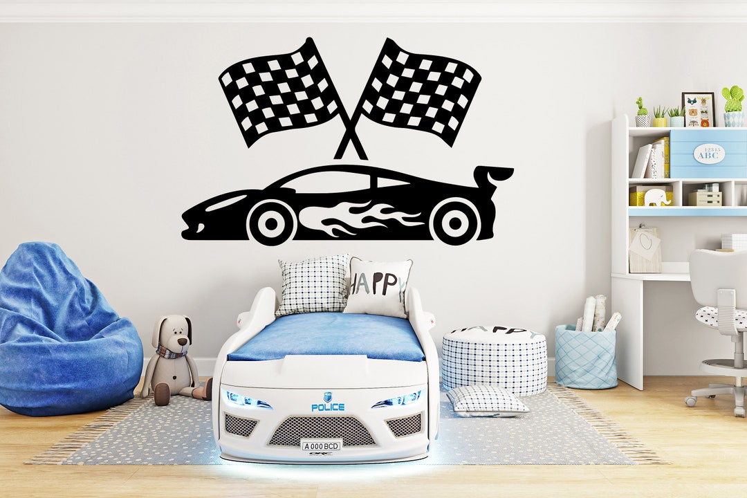 Room Racing Flags Racing Car Flame Tire Checkered Flags Wall Decal Wheel F1 Decal ...