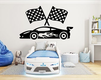 Racing Car Flame Tire Checkered Flags Wall Decal Wheel F1 Decal Personalized Racing Car Flag Vinyl Wall Sticker-Boy Room 1476EZ