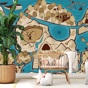 Mural del cuarto de niños del mapa del tesoro - Mural de la habitación del mar pirata Papel pintado del sol regalos para él Mural de la pared Mural autoadhesivo 1556EZ