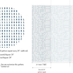 May include: A repeating pattern of 0s and 1s in a circular shape and a larger rectangular shape. The pattern repeats every 61 cm. The text reads: "A full pattern repeat every 24" width roll. Horizontal Repeat: 24" Vertical Repeat: 24". You can customize this pattern. Contact us!"