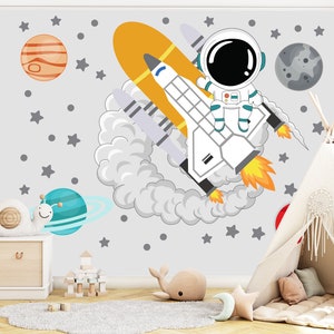 Rocket Astronaut Wall Decals, Space Moon Wall Decal, Jupiter Room Decor, Mars Nursery, Playroom Vinyl Sticker, Space Wall Art Decor 982EZ