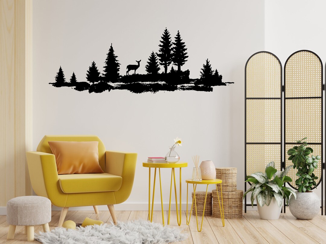 Forest Deer Pine Tree Wall Art, Forest Wall Decal, Deer Hunting, Tree ...