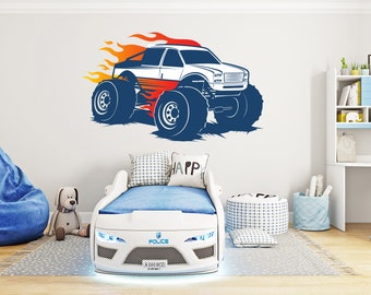 Monster Truck Wall Decal Extreme Vehicle Muscle Sticker Big Wheel Fire Flames Tire Off Road 4x4 wall decal Driver Race wall stickers 1070EZ