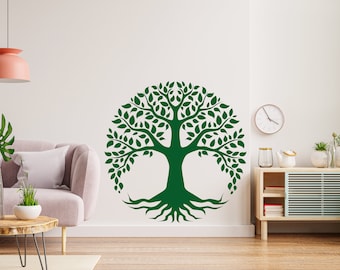 May include: A green tree of life wall decal with intricate branches and roots, displayed in a living room setting with a sofa, a coffee table, and a side table with decor.