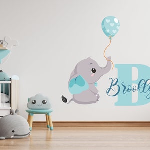 Personalized Name Wall Decal Boy Elephant Initial Fancy Cursive Name ...