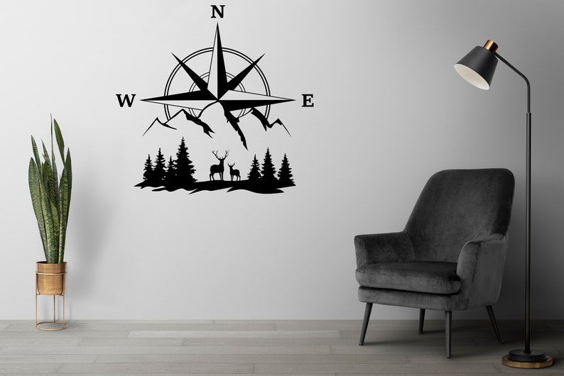 Compus With Deer Compass Mountain Deer Wall Art Decal, Compass Nautical Travel Wall ...