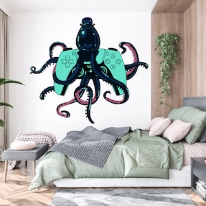 May include: A teal and black video game controller with an octopus wrapped around it. The octopus has pink tentacles and a black head. The controller is on a white wall in a bedroom setting.