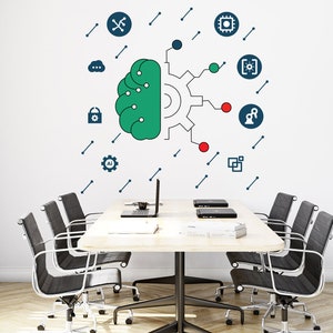 May include: A white wall with a blue and green brain graphic with a gear and red and blue lines connecting to other icons. The icons include a cloud, a lock, a gear with AI, a chip, a square with a code, a robot, and a square with a grid. There are five black office chairs around a white table with two laptops on the table.