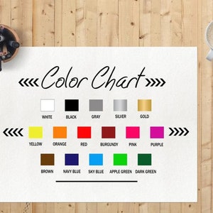 Op de afbeelding: Kleurenkaart met vierkanten die verschillende kleuren tonen, waaronder wit, zwart, grijs, zilver, goud, geel, oranje, rood, bordeaux, roze, paars, bruin, marineblauw, hemelsblauw, appelgroen en donkergroen.