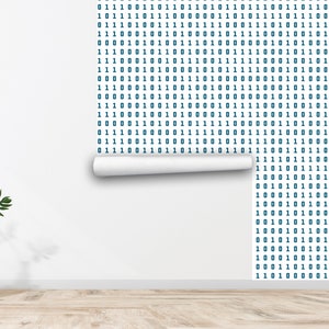 May include: A white wall with a roll of wallpaper partially unrolled. The wallpaper has a repeating pattern of blue 0s and 1s, representing binary code.