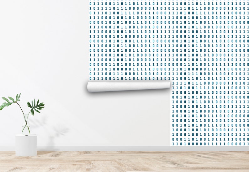 May include: A white wall with a roll of wallpaper partially unrolled. The wallpaper has a repeating pattern of blue 0s and 1s, representing binary code.