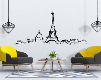Vinilo decorativo de pared de París, pegatina de pared con el horizonte de París, arte de pared de la Torre Eiffel, decoración de pared de la Torre Eiffel SG577