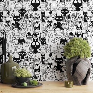 Cat wallpaper Cute cat wallpaper Kitten Fabric Wallpaper Seamless Mid Century Cat Wall Decor Cat Fabric Self Adhesive Wallpaper 1485EZ