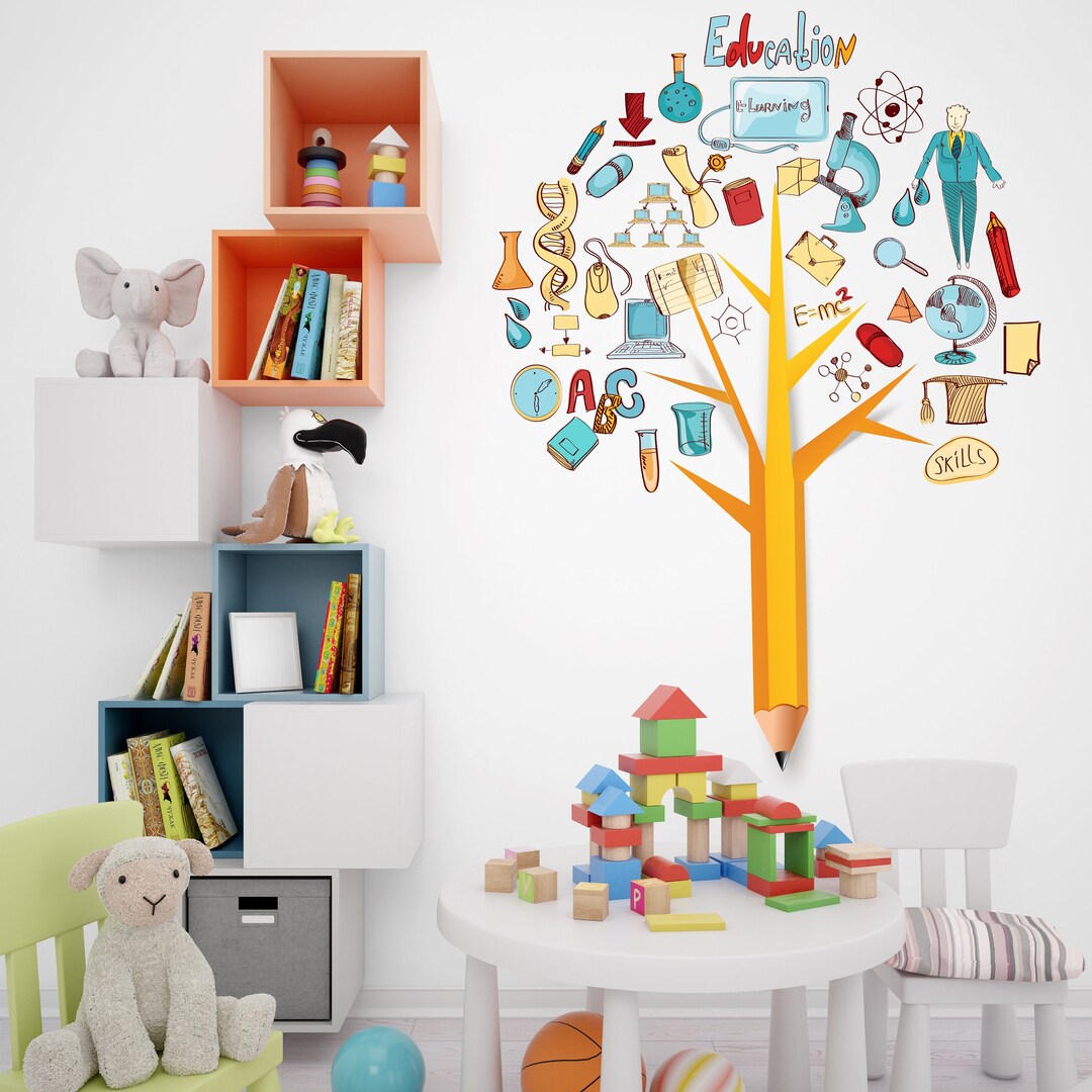 Pencil Tree Education Wall Art Decor, School Wall Sticker, Nursery Education Kids Room Wall