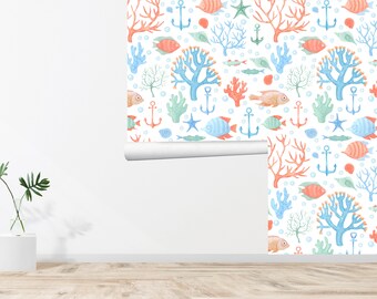 Sea Life Wallpaper Fish Wallpaper Underwater Wallpaper Seamless Wall Decor Vintage Fabric Removable Self Adhesive Wallpaper 636EZ