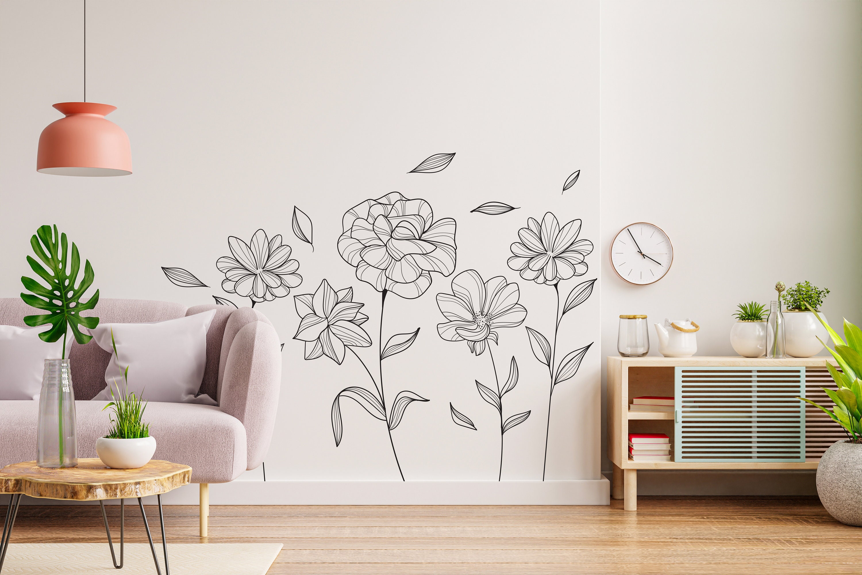 Flower Wall Decal, Flower Line Art, Modern Mid Century Wall