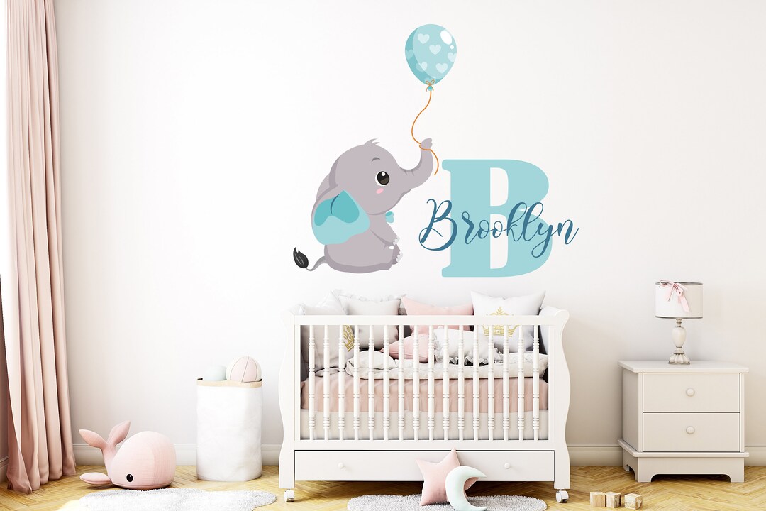 Personalized Name Wall Decal Boy Elephant Initial Fancy Cursive Name ...