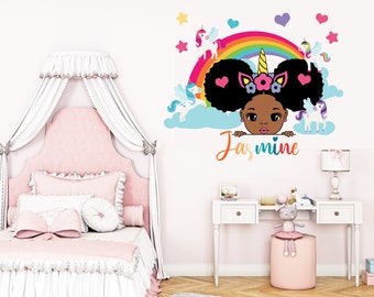 Large Name Unicorn Little Afro Girl custom name Wall Decal Beautiful Girl Beauty African Blessed Room Gifts Her Vinyl Wall Art Sticker 694EZ