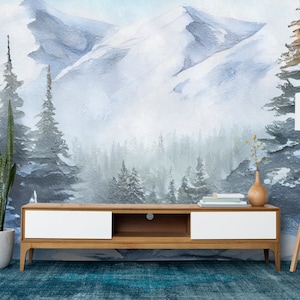 Winter Forest Mountain Mural Wall Art Winter Mountain, Fall Forest Wall Mural Mural Room Mural gifts for her Removable Adhesive Mural 1235EZ