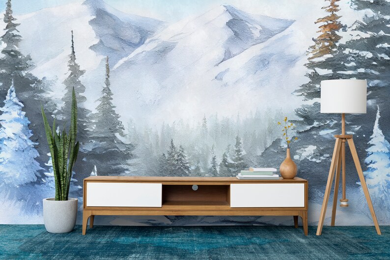 Winter Forest Mountain Mural Wall Art Winter Mountain, Fall Forest Wall ...