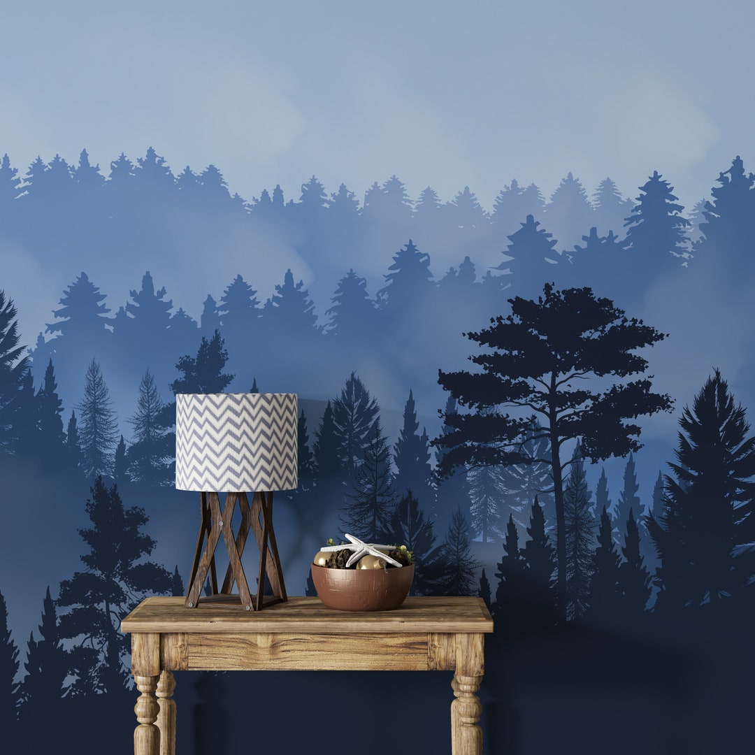 Forest Winter Mountain Mural Wall Art - Mountain, Foggy Forest Wall ...