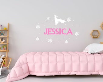 Vinilo decorativo de pared con nombre personalizado, vinilo decorativo de pared con corona congelada y copos de nieve, vinilo decorativo de pared con nombre personalizado para guardería SG485