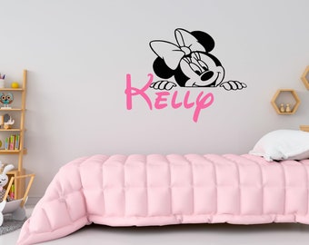 Vinilo decorativo de pared personalizado con nombre, vinilo decorativo de pared de Minnie Mouse, vinilo decorativo de pared con nombre personalizado para guardería SG498