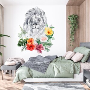 Lion Wall Decal, Lion Flower Wall Art, Lion Head Wall Decor Lion Wall Sticker Lion Floral Wall Decor 378EZ