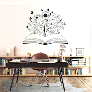 Flower Book wall decor, Butterfly Books Wall Decal Reading Wall Decal  Library Wall Decal  Book Quote Wall Decal 1086EZ