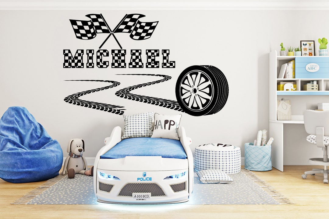 Large Custom Name Racing Car Tire Checkered Flags Wall Decal Wheel F1 ...