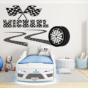 Large Custom Name Racing Car Tire Checkered Flags Wall Decal Wheel F1 Decal Personalized Racing Car Flag Vinyl Wall Sticker-Boy Room 401EZ