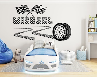 Large Custom Name Racing Car Tire Checkered Flags Wall Decal Wheel F1 Decal Personalized Racing Car Flag Vinyl Wall Sticker-Boy Room 401EZ