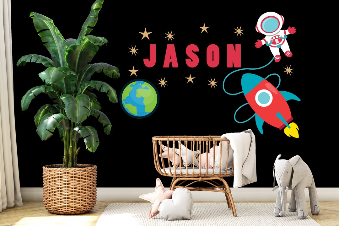 Rocket Wall Decal, Planet Stars Custom Name Nursery Wall Decal, Space ...