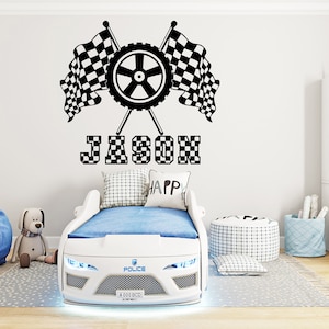 Large Custom Name Racing Car Tire Checkered Flags Wall Decal Wheel F1 Decal Personalized Racing Car Flag Vinyl Wall Sticker-Boy Room 1670EZ