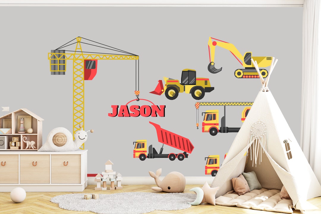 Custom Name Contruction Wall Decal, Truck Wall Sticker, Crane, Buldozer