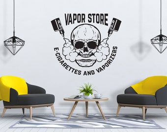 Vapor Store Skull Logo Wall Decal | E-Cigarette Shop Vinyl Art | Retail Decor | SG1399