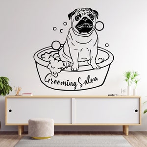 Decoração de parede para cachorro pug, decalques de parede para cachorro, arte de parede para cachorro pug, adesivos para amantes de cachorro, quarto, salão de beleza, berçário de vinil, decalques de parede, arte 1619EZ
