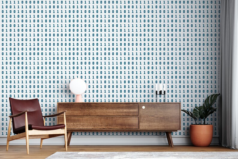 May include: A living room interior featuring a brown leather armchair, a wooden cabinet, a lamp, and a potted plant. The wall is decorated with white wallpaper featuring a repeating pattern of blue 1s and 0s.